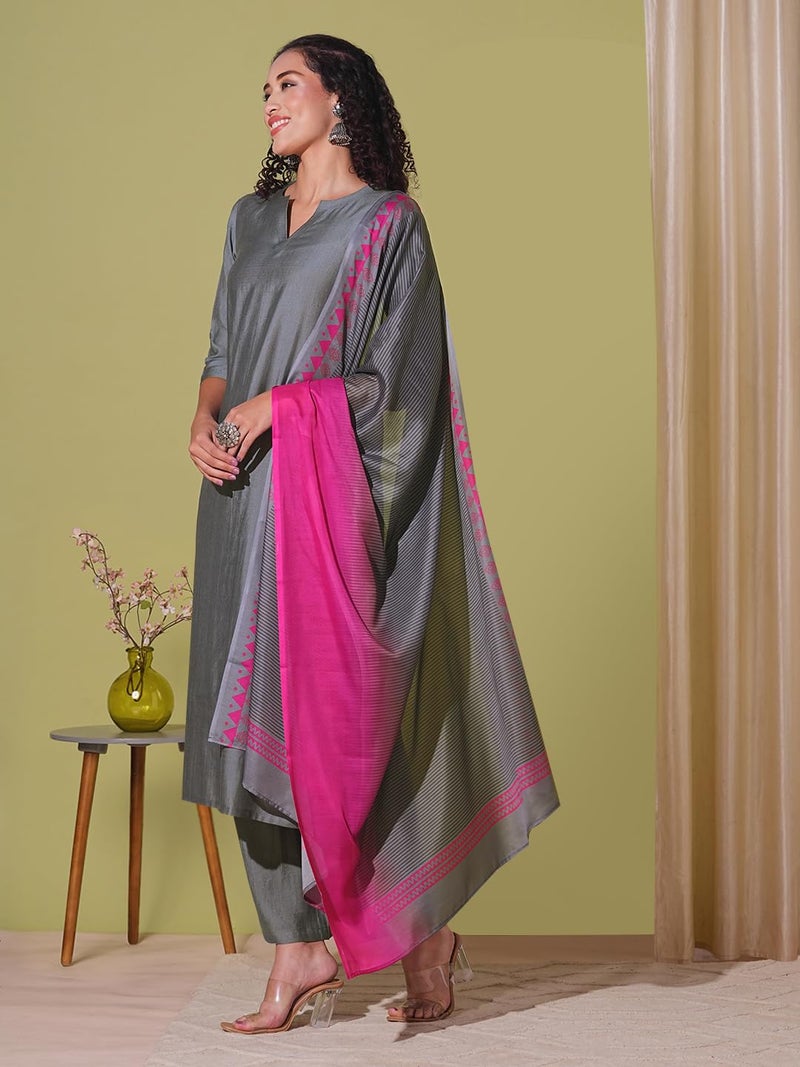 ANNI Designer Women's Rayon Viscose Solid Straight Kurta with Pant & Dupatta (Mogul GREY-VKS01_5XL_Grey_XXXXX-Large) - Image 4