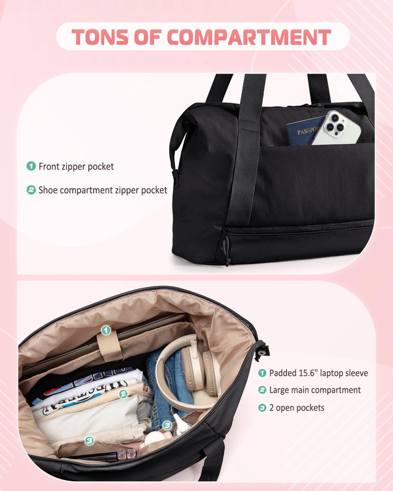 Smasrob Travel Duffle Bag with Shoe Compartment and Laptop Sleeve for Women, Lightweight Weekender Duffel Bag for Travel, Gym, Hospital Labor Delivery, Black - Image 2