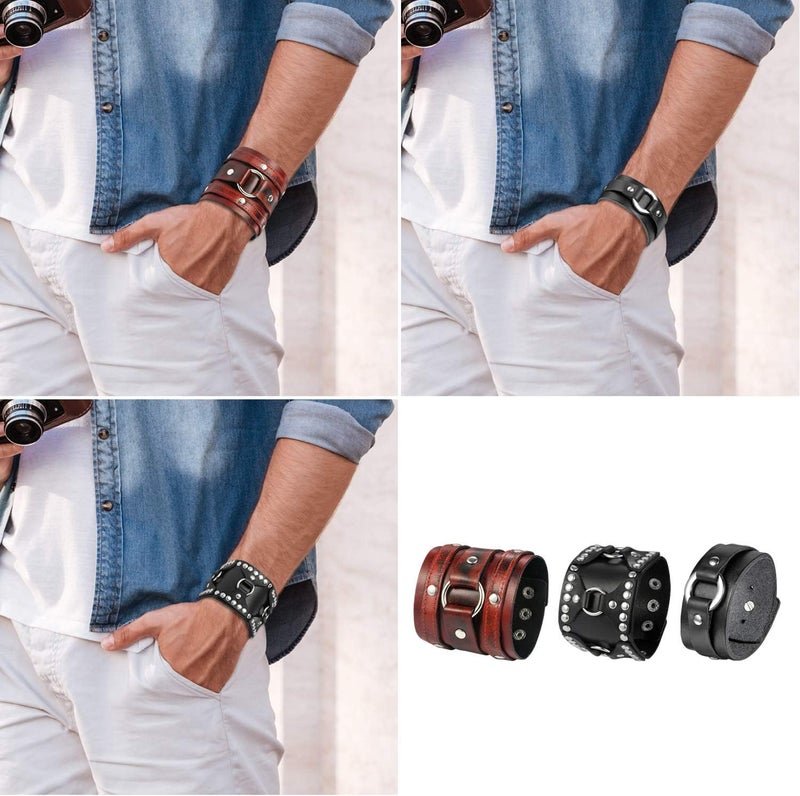 Oidea Assorted 3pcs Mens Punk Multistrand Leather Braided Bangle Cuff Bracelet for Biker Dad Father Size Adjustable - Image 4