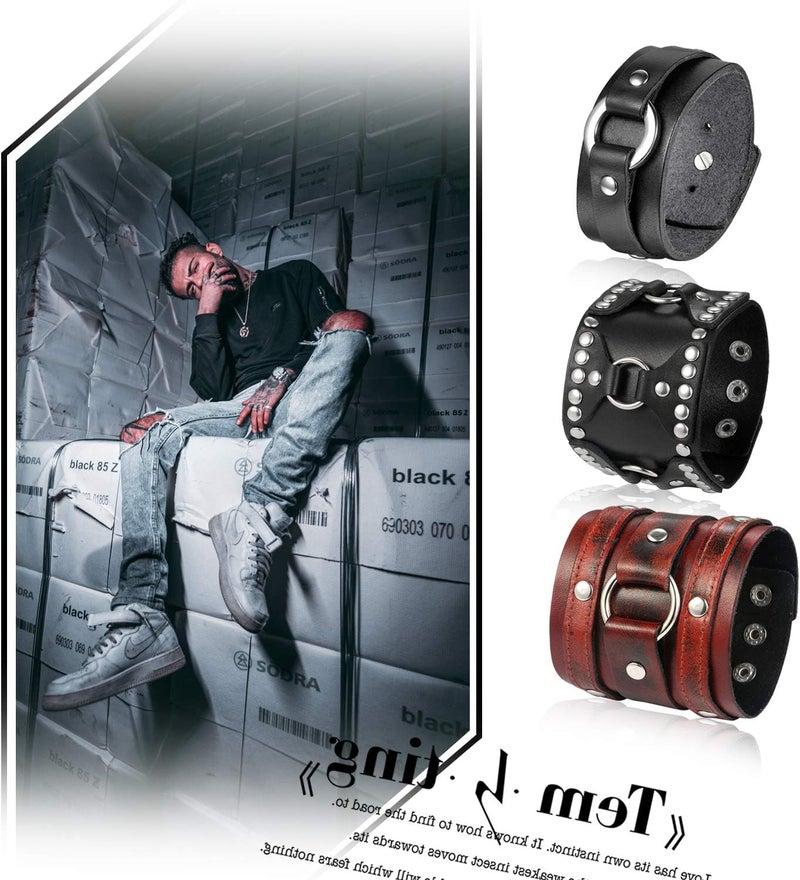 Oidea Assorted 3pcs Mens Punk Multistrand Leather Braided Bangle Cuff Bracelet for Biker Dad Father Size Adjustable - Image 5