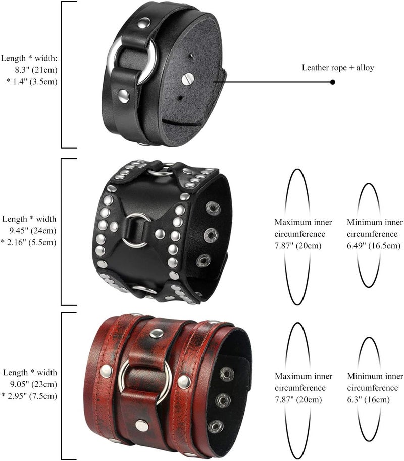 Oidea Assorted 3pcs Mens Punk Multistrand Leather Braided Bangle Cuff Bracelet for Biker Dad Father Size Adjustable - Image 3