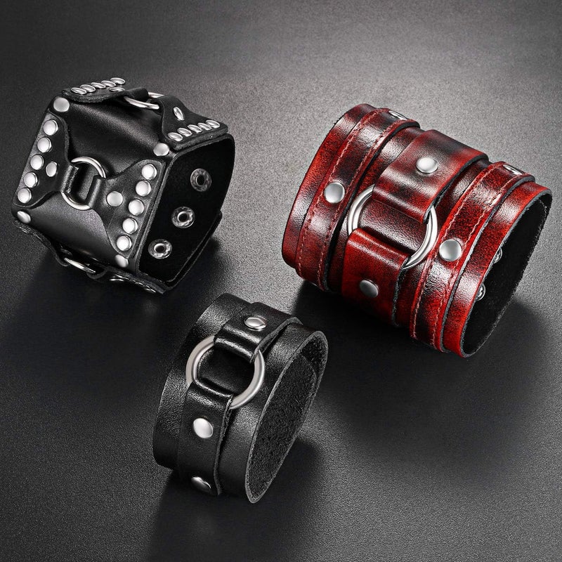 Oidea Assorted 3pcs Mens Punk Multistrand Leather Braided Bangle Cuff Bracelet for Biker Dad Father Size Adjustable - Image 2