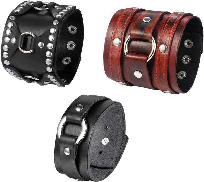 Oidea Assorted 3pcs Mens Punk Multistrand Leather Braided Bangle Cuff Bracelet for Biker Dad Father Size Adjustable - Image 1
