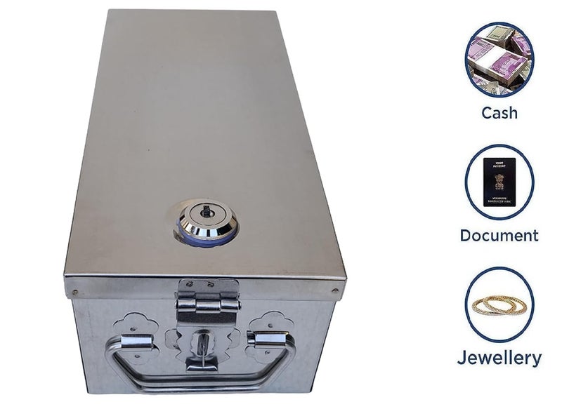 GinoSet ® Stainless Steel Safe bank Locker Boxes For Jewellery,Check book, Cash Box, Peti Size - 10 Inch (L-26.5cm, W-11cm, H-8.5cm)(With Pre fited Lock & 2 Key) (Medium Jewel 10) - Image 4