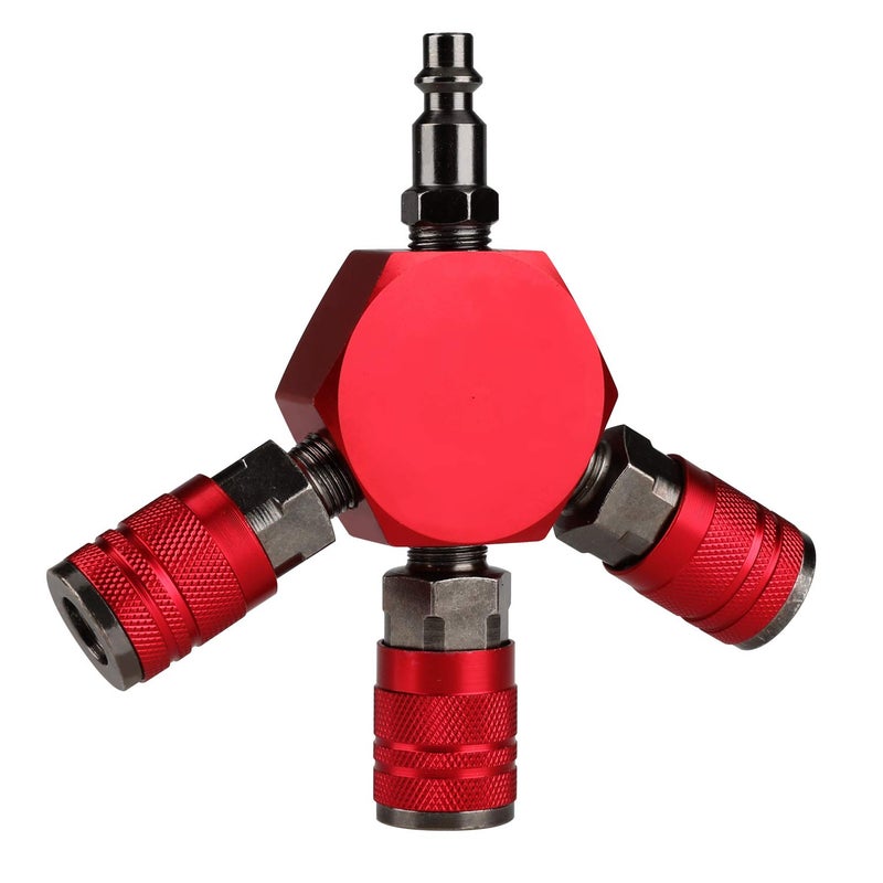 Hromee 3-Way Air Manifold 4 Ports Aluminum Industrial Flat Hex Quick Connect Air Hose Splitter with 3 Steel Couplers and 1/4" Male NPT Plug - Image 1
