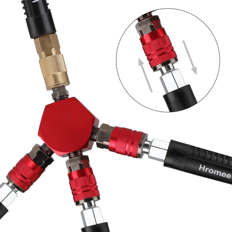 Hromee 3-Way Air Manifold 4 Ports Aluminum Industrial Flat Hex Quick Connect Air Hose Splitter with 3 Steel Couplers and 1/4" Male NPT Plug - Image 5