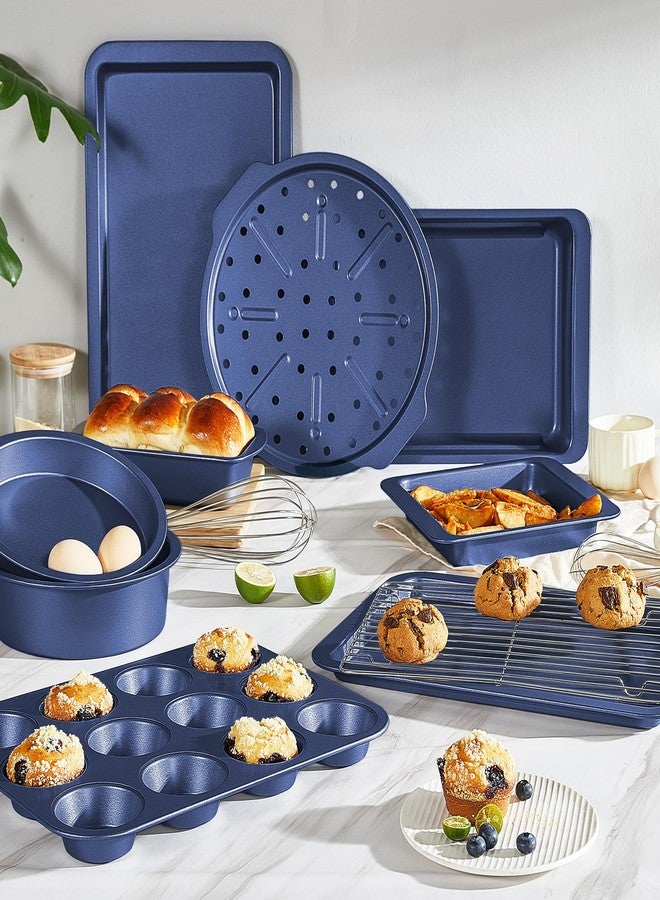 HONGBAKE Bakeware Sets, Baking Pans Set, Nonstick Oven Pan for Kitchen with Wider Grips, 10-Piece Including Rack, Cookie Sheet, Cake Pans, Loaf Pan, Muffin Pan, Pizza Pan - Blue - Image 2