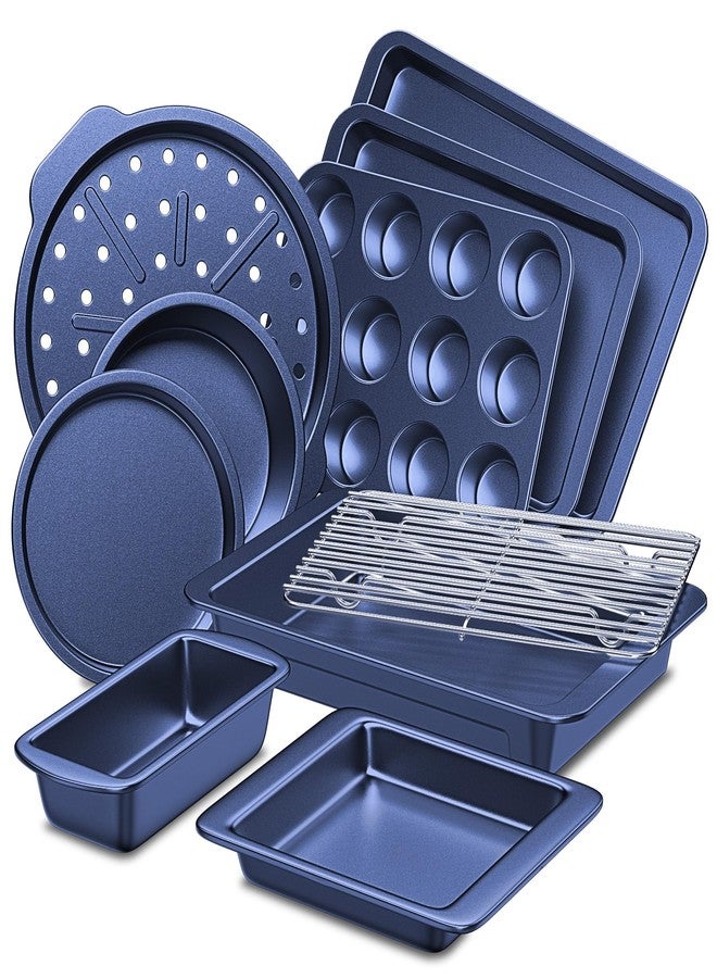 HONGBAKE Bakeware Sets, Baking Pans Set, Nonstick Oven Pan for Kitchen with Wider Grips, 10-Piece Including Rack, Cookie Sheet, Cake Pans, Loaf Pan, Muffin Pan, Pizza Pan - Blue - Image 1