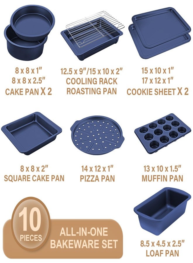 HONGBAKE Bakeware Sets, Baking Pans Set, Nonstick Oven Pan for Kitchen with Wider Grips, 10-Piece Including Rack, Cookie Sheet, Cake Pans, Loaf Pan, Muffin Pan, Pizza Pan - Blue - Image 3