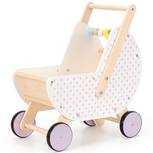 Pillowhale Wooden Baby Walker & Doll Stroller – Adjustable Handle Push Cart, Anti‑Tip, Quiet Wheels, Pretend Shopping Cart – Montessori Wooden Walker for Babies, Doll Stroller for Toddlers 12m+ - Image 1