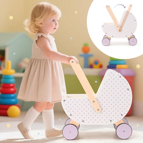 Pillowhale Wooden Baby Walker & Doll Stroller – Adjustable Handle Push Cart, Anti‑Tip, Quiet Wheels, Pretend Shopping Cart – Montessori Wooden Walker for Babies, Doll Stroller for Toddlers 12m+ - Image 3
