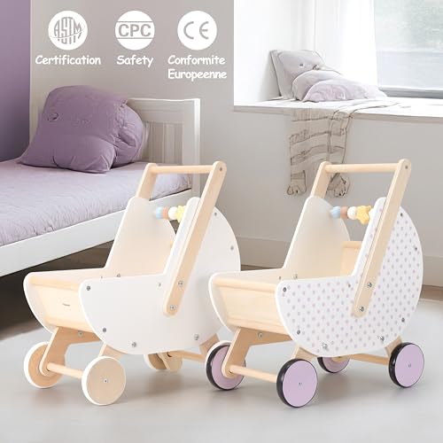 Pillowhale Wooden Baby Walker & Doll Stroller – Adjustable Handle Push Cart, Anti‑Tip, Quiet Wheels, Pretend Shopping Cart – Montessori Wooden Walker for Babies, Doll Stroller for Toddlers 12m+ - Image 4