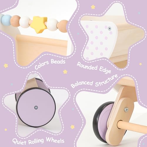 Pillowhale Wooden Baby Walker & Doll Stroller – Adjustable Handle Push Cart, Anti‑Tip, Quiet Wheels, Pretend Shopping Cart – Montessori Wooden Walker for Babies, Doll Stroller for Toddlers 12m+ - Image 2