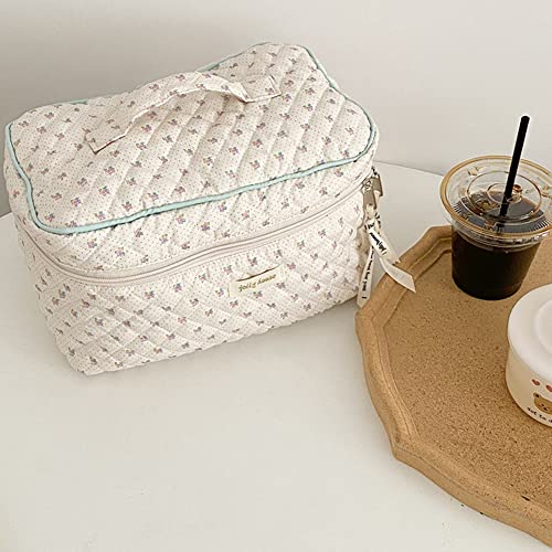 Cessfle Kawaii Cotton Makeup Bag Large Travel Cosmetic Bag Quilted Coquette Makeup Pouch Aesthetic Floral Toiletry Bag - Image 4