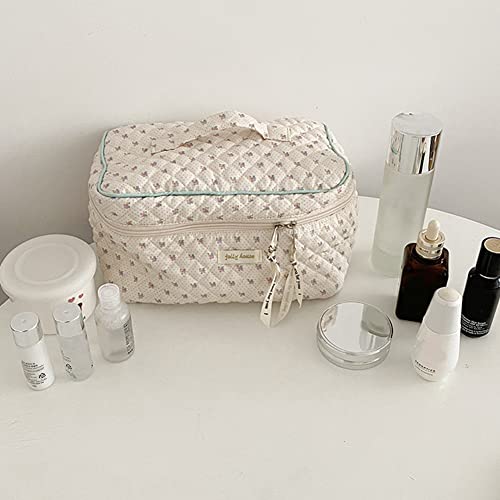 Cessfle Kawaii Cotton Makeup Bag Large Travel Cosmetic Bag Quilted Coquette Makeup Pouch Aesthetic Floral Toiletry Bag - Image 5
