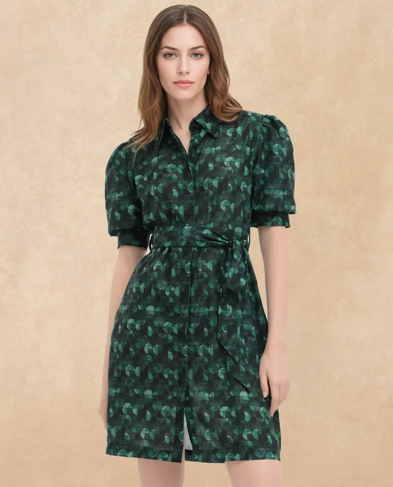 Rareism Rareism Women's Cynthia Dark Green Linen Fabric Drop Collar Button Closure Puff Sleeve Abstract Straight Fit Mini Dress