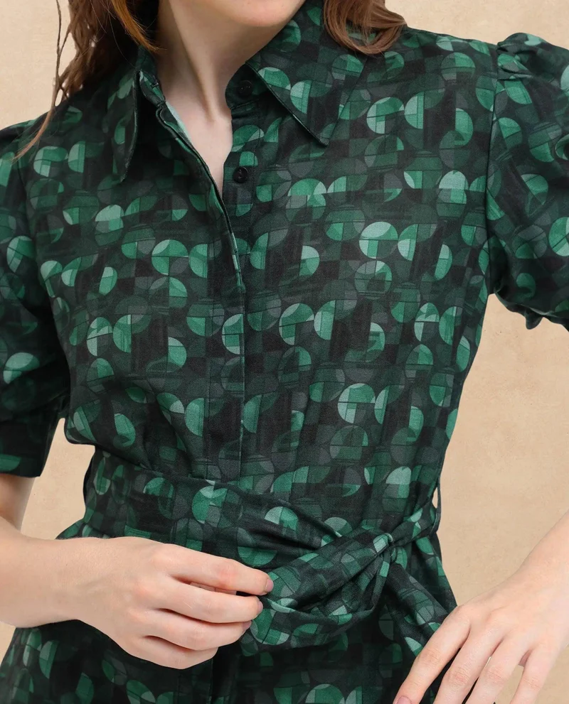 Rareism Rareism Women's Cynthia Dark Green Linen Fabric Drop Collar Button Closure Puff Sleeve Abstract Straight Fit Mini Dress