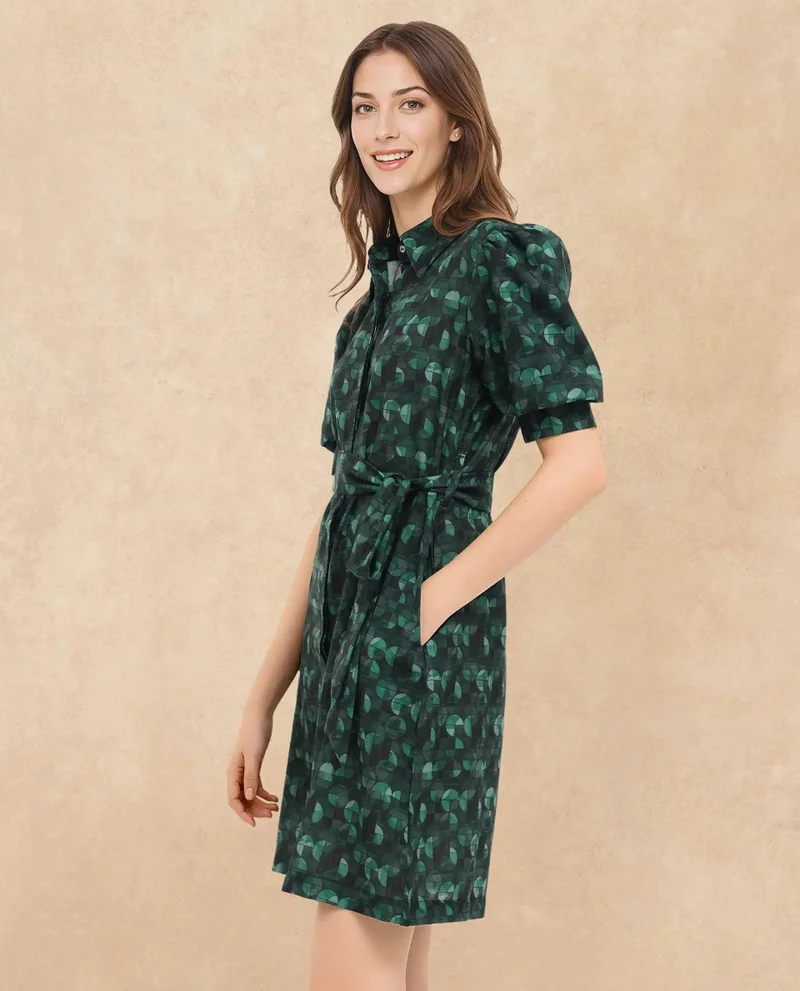 Rareism Women's Abstract Print Collared Dress In 100% Linen