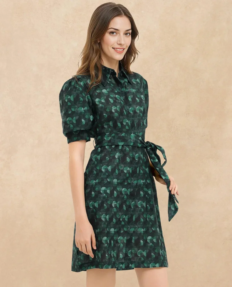 Rareism Women's Abstract Print Collared Dress In 100% Linen