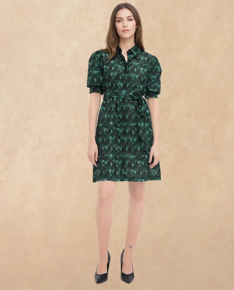 Rareism Women's Abstract Print Collared Dress In 100% Linen