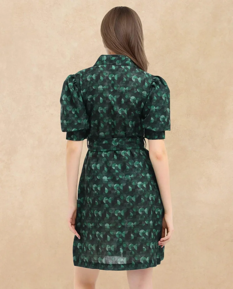 Rareism Women's Abstract Print Collared Dress In 100% Linen