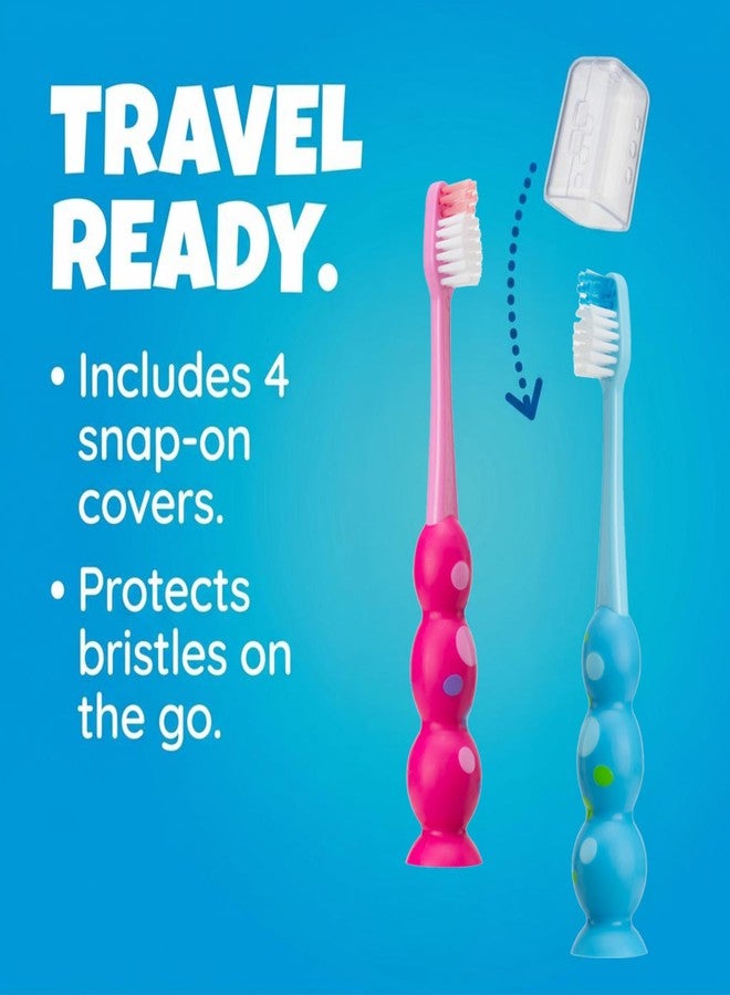 Trueocity Kids Toothbrush Set 4 Pack - Soft Bristles with Suction Cup and Cover - Kids Tooth Brush, Child Sized Head, Ages 3-10, Toddler Toothbrush, Girl and Boy (Pink, Purple, Blue - Image 5