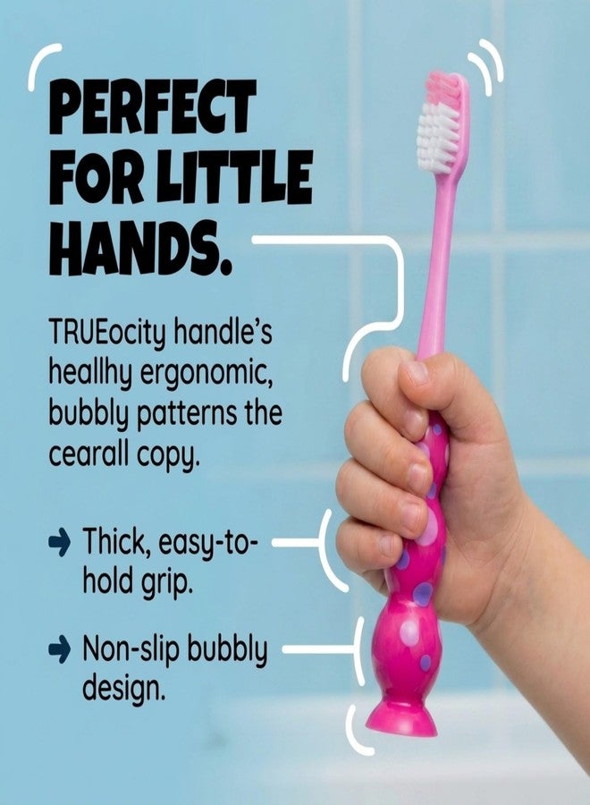 Trueocity Kids Toothbrush Set 4 Pack - Soft Bristles with Suction Cup and Cover - Kids Tooth Brush, Child Sized Head, Ages 3-10, Toddler Toothbrush, Girl and Boy (Pink, Purple, Blue - Image 2