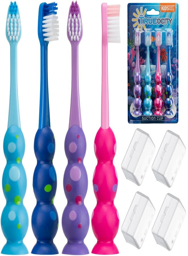 Trueocity Kids Toothbrush Set 4 Pack - Soft Bristles with Suction Cup and Cover - Kids Tooth Brush, Child Sized Head, Ages 3-10, Toddler Toothbrush, Girl and Boy (Pink, Purple, Blue - Image 1