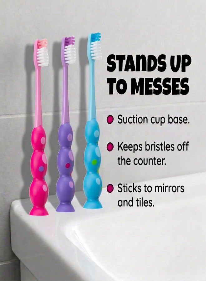 Trueocity Kids Toothbrush Set 4 Pack - Soft Bristles with Suction Cup and Cover - Kids Tooth Brush, Child Sized Head, Ages 3-10, Toddler Toothbrush, Girl and Boy (Pink, Purple, Blue - Image 3