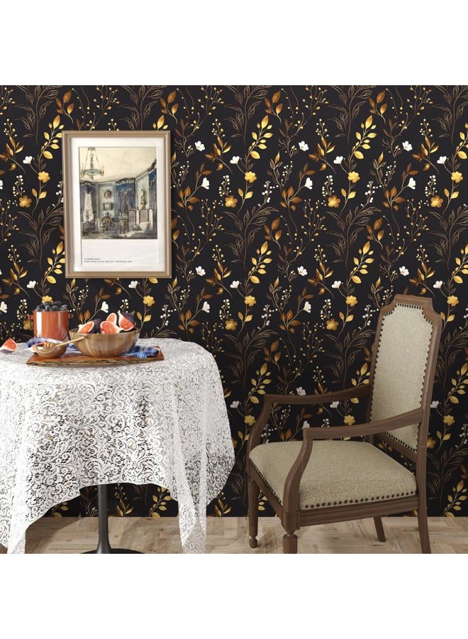 Laatse Black Floral Wallpaper Peel and Stick, Dark Gold Vintage Flower Contact Paper 17.5" x 393.7", Golden/White Botanical Wall Paper Self Adhesive Waterproof Removable for Room Cabinet Drawer Table Decor - Image 2