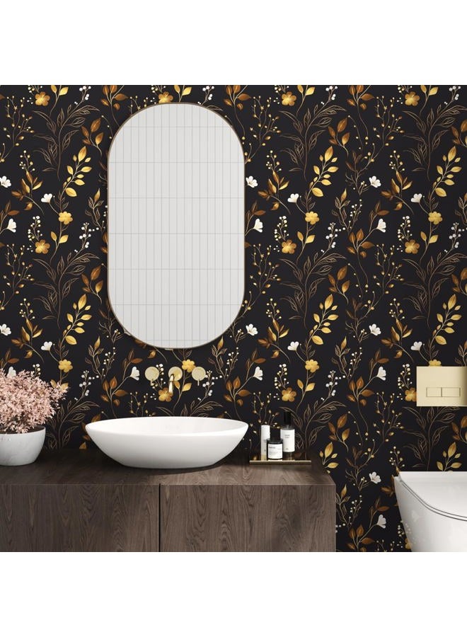 Laatse Black Floral Wallpaper Peel and Stick, Dark Gold Vintage Flower Contact Paper 17.5" x 393.7", Golden/White Botanical Wall Paper Self Adhesive Waterproof Removable for Room Cabinet Drawer Table Decor - Image 4