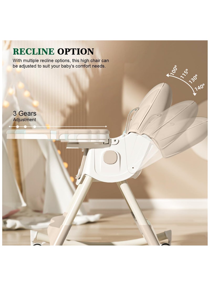 NANAO 4-1 Convertible Baby High Chair,Foldable Kids Feeding Chair | Infant Dining Chair,Toddlers Rocking Chair with Adjustable Height,Recliner Chair & 3 Gears Food Tray for Babies (Beige) - Image 4