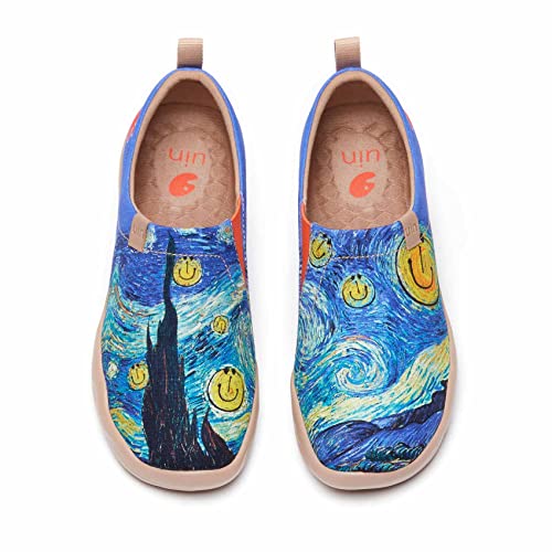 UIN Women's Slip Ons Canvas Lightweight Flats Sneakers Walking Casual Loafers Comfortable Art Painted Travel Shoes Starry Night (7.5) - Image 1