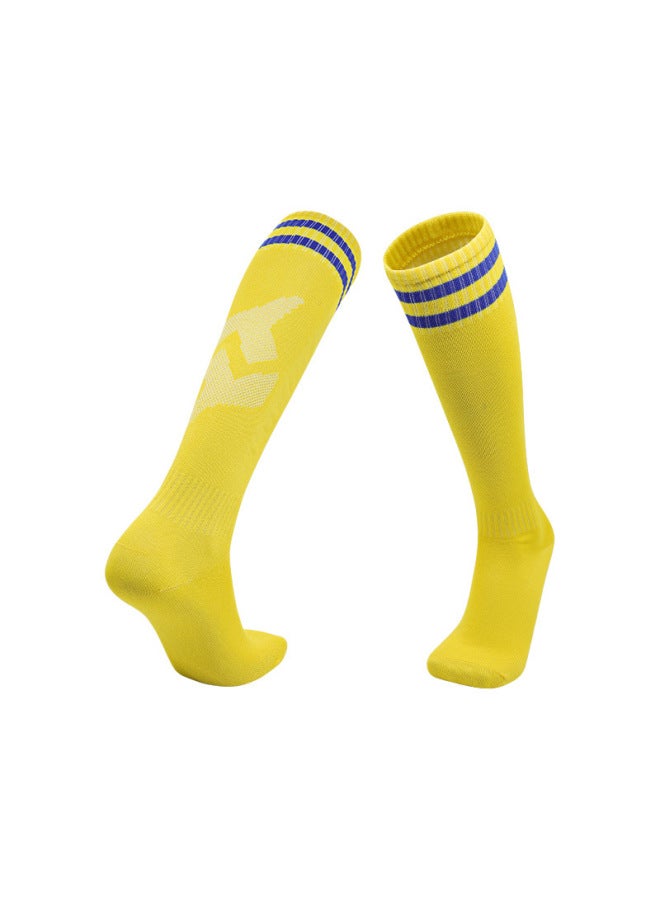 Yellow And Blue Long Socks For Children - Professional Football Socks, Breathable High-tube Sports Socks, Anti-slip Athletic Socks For Competition And Training, Double Bars High-tube Socks
