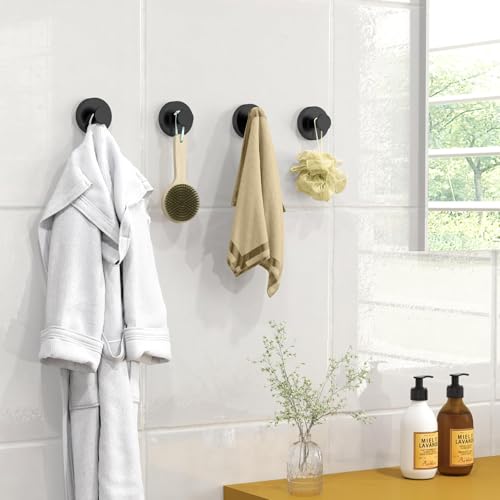STWWO Suction Cup Hooks for Shower Heavy Duty Towel Hooks for Bathroom Walls No Damage Modern Shower Suction Hooks for Kitchen Wall Glass Mirror Tile Hanging Towels Robes Black 2 Pack - Image 3