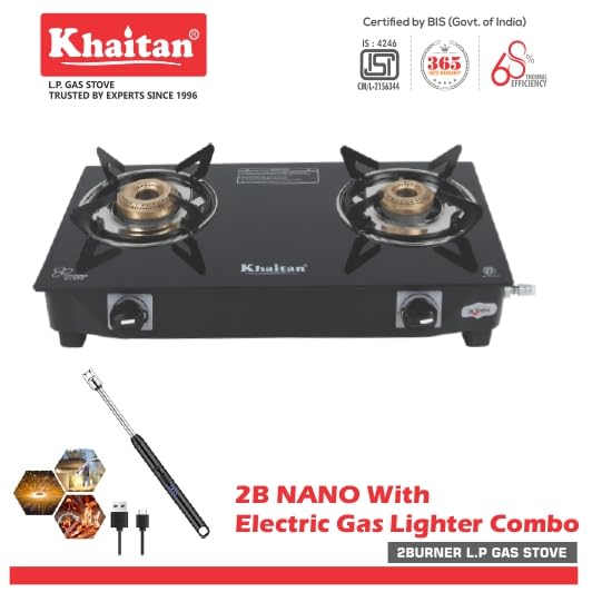 Khaitan مجموعة موقد غاز خيتان - موقد نانو 2 شعلة + ولاعة كهربائية هندفليم USB، موقد غاز زجاجي مقوى فاخر مع ضمان لمدة سنة (معتمد من ISI) - Image 2