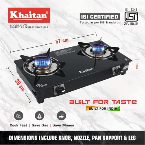 Khaitan مجموعة موقد غاز خيتان - موقد نانو 2 شعلة + ولاعة كهربائية هندفليم USB، موقد غاز زجاجي مقوى فاخر مع ضمان لمدة سنة (معتمد من ISI) - Image 5