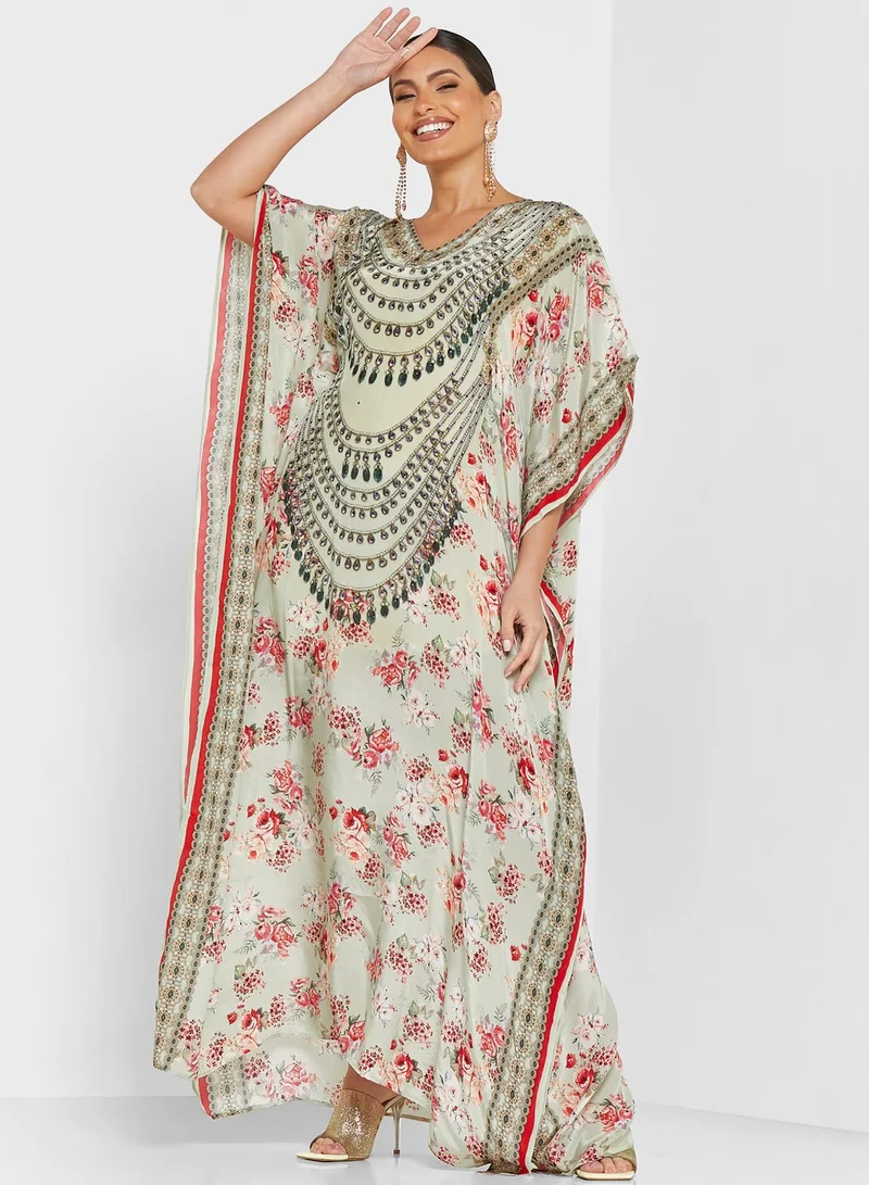 ARABIAN CLOSET Embellished Floral Print Kaftan