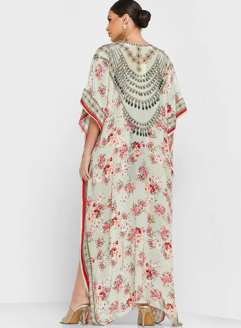 ARABIAN CLOSET Embellished Floral Print Kaftan