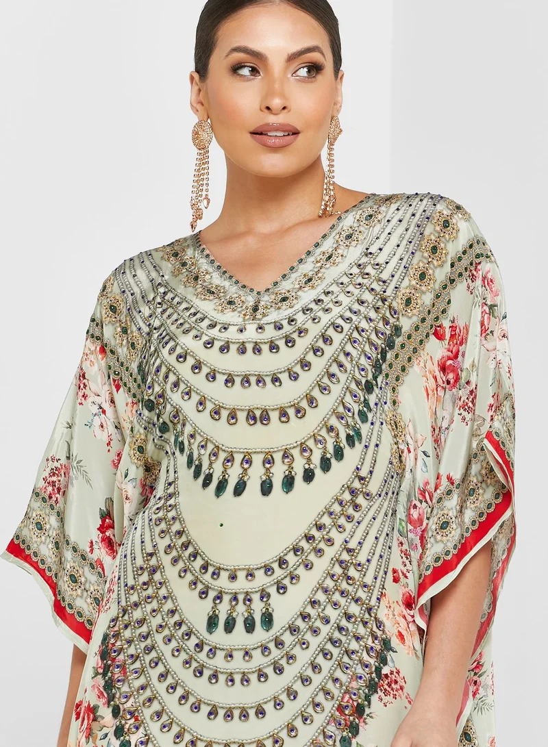 ARABIAN CLOSET Embellished Floral Print Kaftan