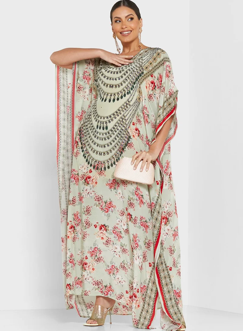 ARABIAN CLOSET Embellished Floral Print Kaftan