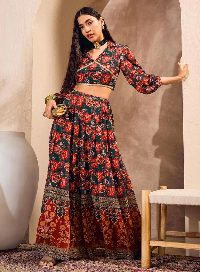 SASSAFRAS Sassafras Floral Print Collared Crop Top with Anarkali Skirt Co-Ords