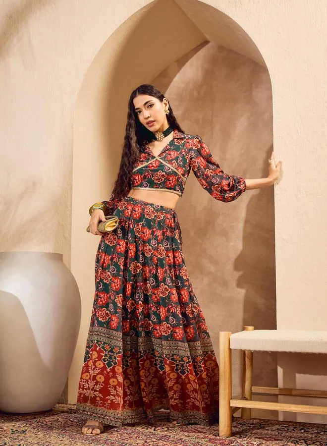 SASSAFRAS Sassafras Floral Print Collared Crop Top with Anarkali Skirt Co-Ords