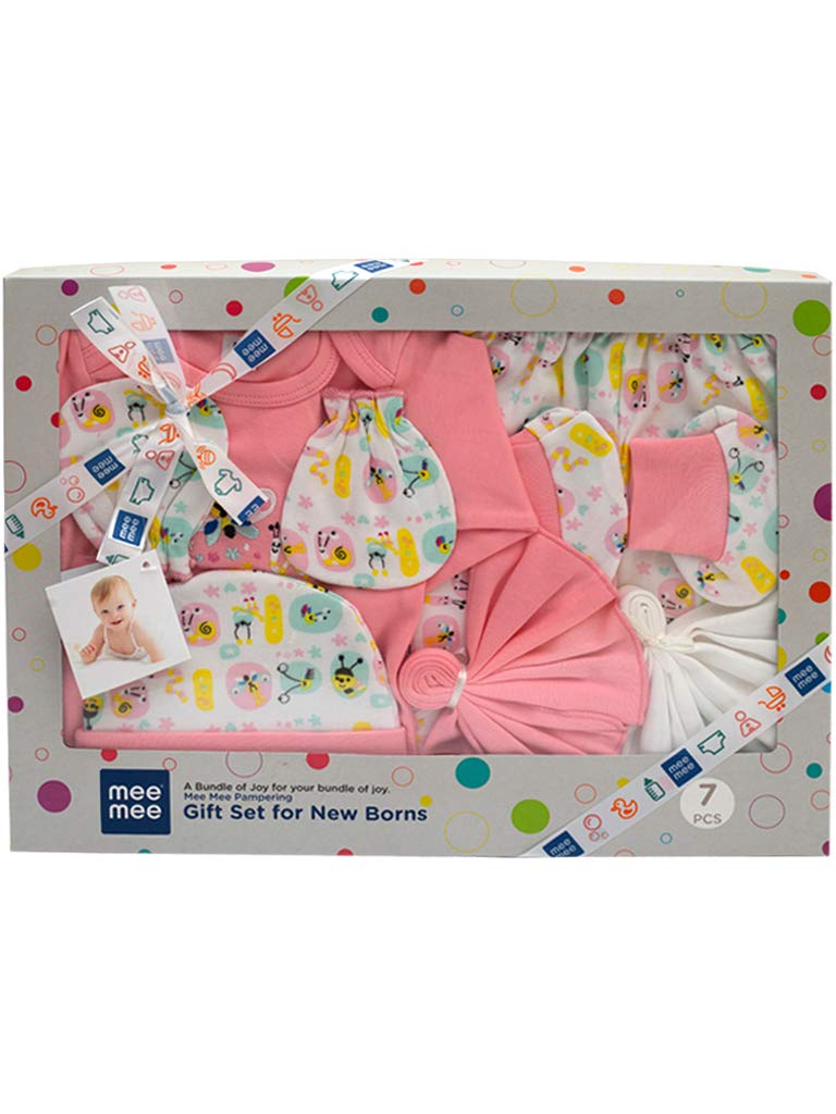 Mee Mee New Born Baby Gift Set | Soft Cotton Clothing Essentials for Infants/Baby Girls, Boys | Baby Shower Clothing Hamper (7 Pieces, Pink)| Ideal Gift for New Born Baby - Image 1