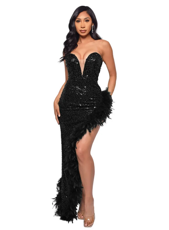 SIMPLEE European American Strapless Backless Sequin Feather Dress