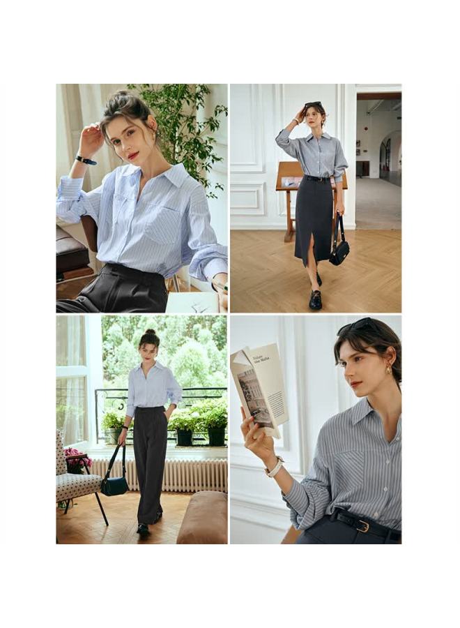 Olrain Eurielle French Stripe Shirt Women's Autumn Loose Fit Commuter Long Sleeve Elegant Top Dark Blue Stripe XL