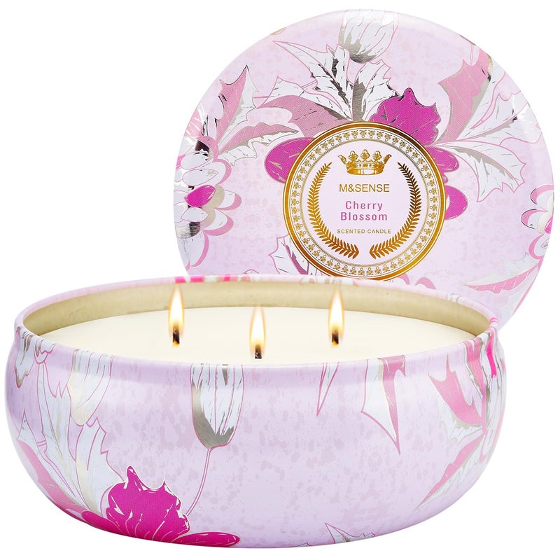 M&SENSE Cherry Blossom Scented Candles 12 oz, Large 3 Wick Soy Tin Candle, Over 40 Hour Burning Time, 100% Natural Vegan Wax, Relaxing Aromatherapy Aesthetic Candle Gift for Women and Men - Image 1