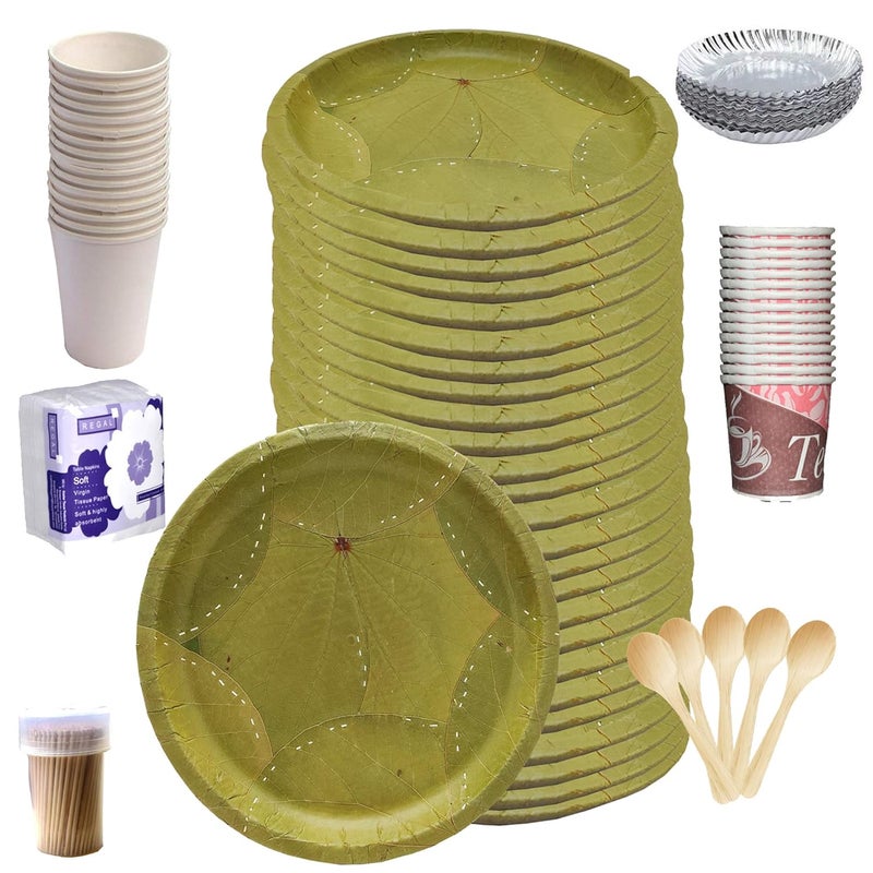 SAI PRASEEDA 100 Biodegradable_Eco Friendly_12 Inch Leaf Dinner Plates_Paper Glasses_ Tiffin Plates_Wooden Spoons_Paper Tea Cups_Tissues_Tooth Picks_All Items Pack of 100 Combo_ SPN38 - Image 1