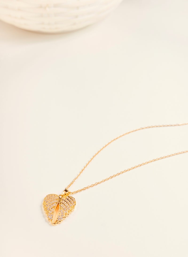 Golden Leaf and Heart shape Pendant with Wing-like detailing Necklace - 18K Gold Plated necklace with Sparkling Cubic Zirconia - Image 3