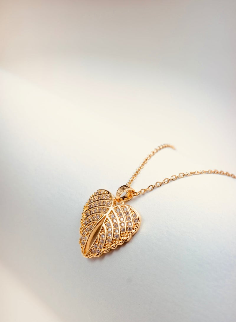 Golden Leaf and Heart shape Pendant with Wing-like detailing Necklace - 18K Gold Plated necklace with Sparkling Cubic Zirconia - Image 2